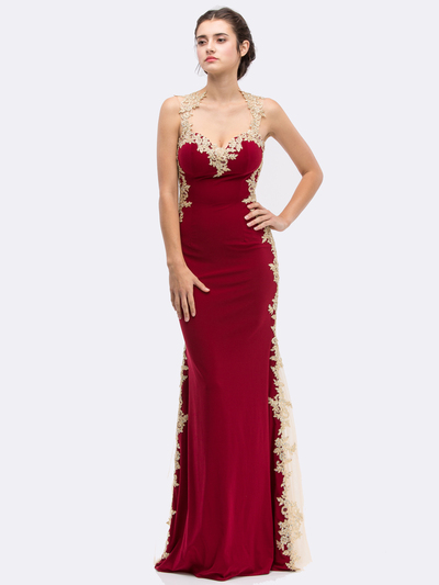 30-6006 Sleeveless Lace Trim Evening Dress with Cutout Back - Burgundy, Front View Medium