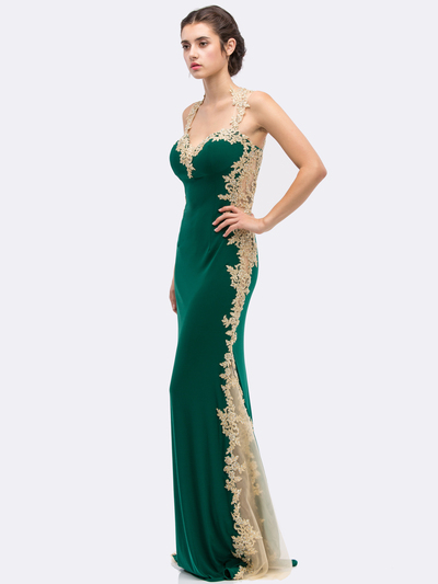 30-6006 Sleeveless Lace Trim Evening Dress with Cutout Back - Hunter Green, Back View Medium