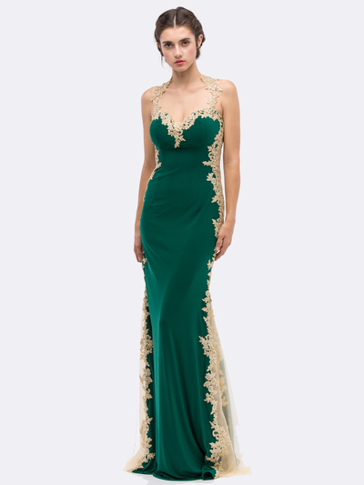 30-6006 Sleeveless Lace Trim Evening Dress with Cutout Back - Hunter Green, Front View Medium