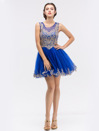 30-6012 Sleeveless Embroidered Fit and Flare Cocktail Dress - Royal Blue, Front View Medium