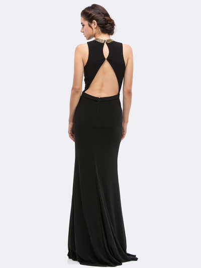 30-6030 V-Neck Sleeveless Long Evening Dress with Slit - Black, Back View Medium