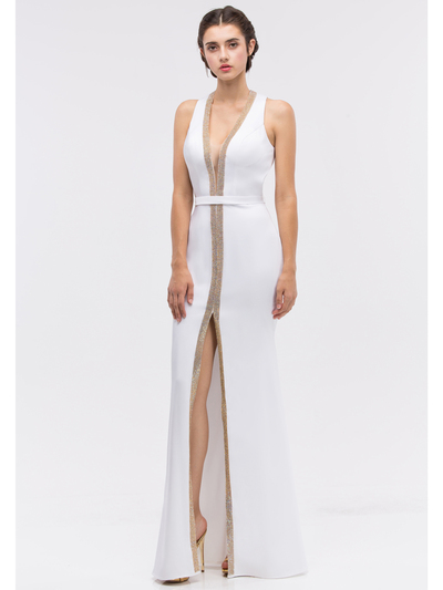 30-6030 V-Neck Sleeveless Long Evening Dress with Slit - Off White, Front View Medium