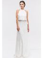 30-6111 Crew Neck Mock Two-piece Evening Dress with Slit - Off White, Front View Thumbnail