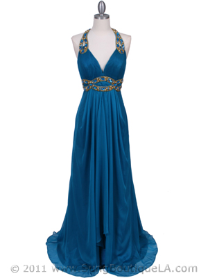 3066 Jade Halter Beaded Chiffon Prom Evening Dress, Jade