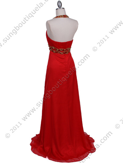 3066 Red Halter Beaded Chiffon Prom Evening Dress - Red, Back View Medium