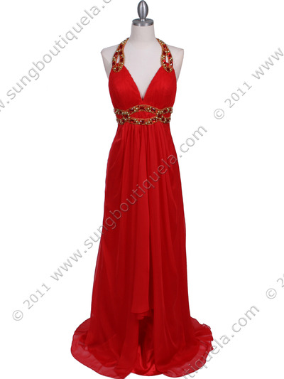 3066 Red Halter Beaded Chiffon Prom Evening Dress - Red, Front View Medium