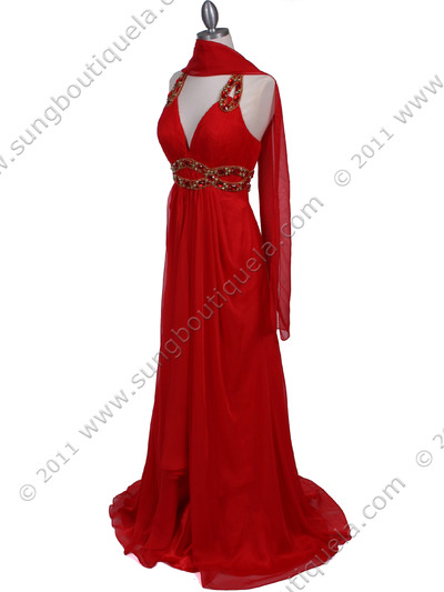 3066 Red Halter Beaded Chiffon Prom Evening Dress - Red, Alt View Medium