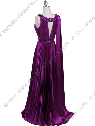 3071 Purple Pleated Evening Gown - Purple, Back View Medium