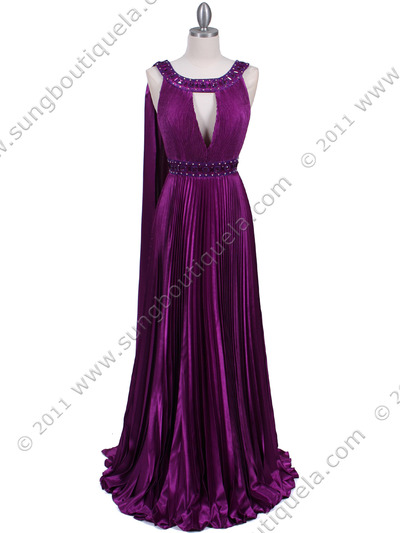 3071 Purple Pleated Evening Gown - Purple, Front View Medium