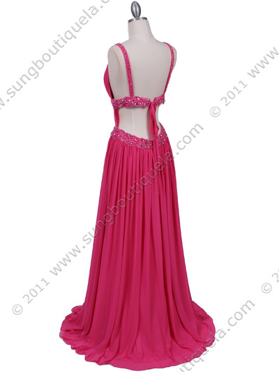 3072 Hot Pink Beaded Chiffon Prom Evening Dress - Hot Pink, Back View Medium