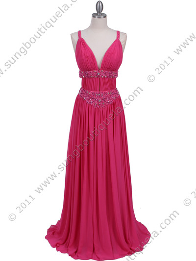 3072 Hot Pink Beaded Chiffon Prom Evening Dress - Hot Pink, Front View Medium