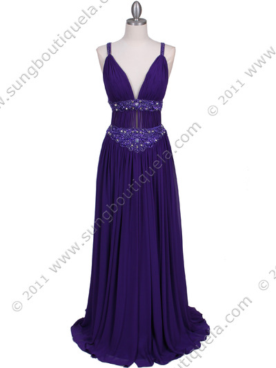3072 Purple Beaded Chiffon Prom Evening Dress - Purple, Front View Medium
