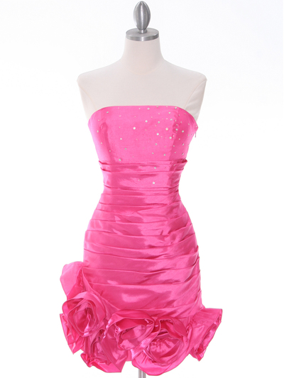 3158 Hot Pink Strapless Pleated Cocktail Dress - Hot Pink, Front View Medium
