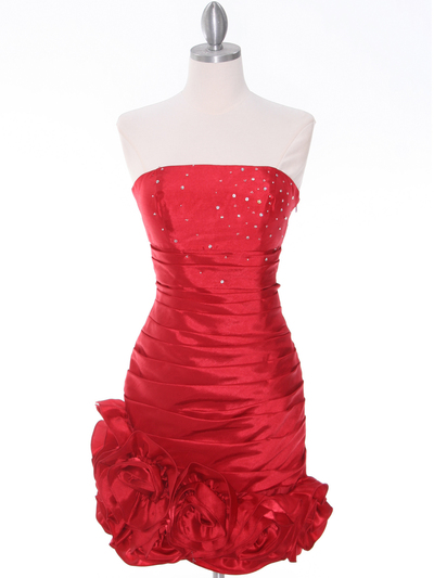 3158 Red Strapless Pleated Cocktail Dress - Red, Front View Medium