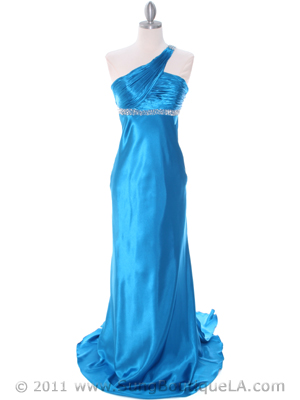 3162 Teal Blue Charmeuse One Shoulder Evening Dress, Teal Blue