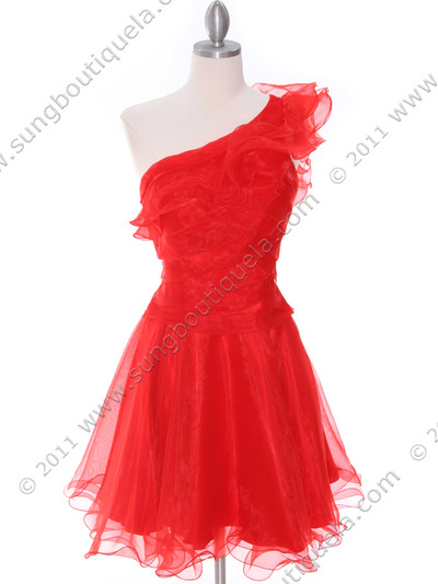 3168 Red One Shoulder Cocktail Dress - Red, Front View Medium