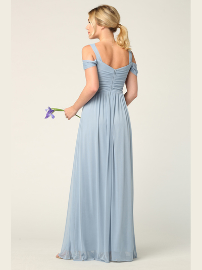 3321 Empire Waist Off Shoulder Evening Dress - Dusty Blue, Back View Medium