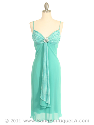 3574 Pleated Satin Top Turquoise Dress, Turquoise