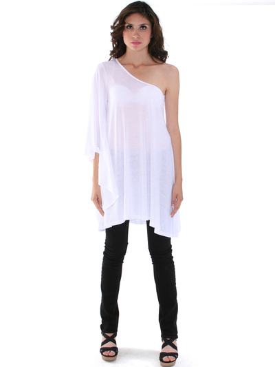 3623 One Sleeve Knitted Casual Dress - White, Front View Medium
