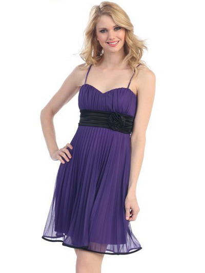 3727 Sweetheart Neckline Pleated Cocktail Dress - Purple Black, Front View Medium
