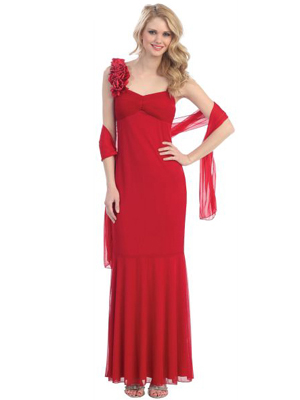 3740 One Shoulder Rosette Evening Dress, Red