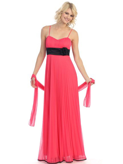 3750 Pleated Evening Dress - Coral Black, Front View Medium