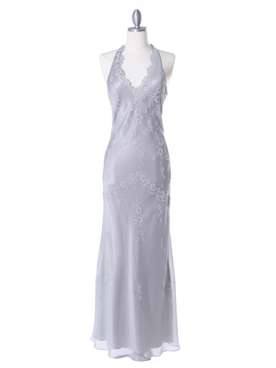 3762 Silver Chiffon Halter Evening Dress - Silver, Front View Medium