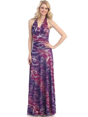 3772 Print Halter Evening Dress, Dark Purple