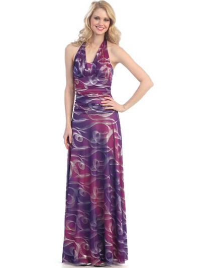 3772 Print Halter Evening Dress - Dark Purple, Front View Medium