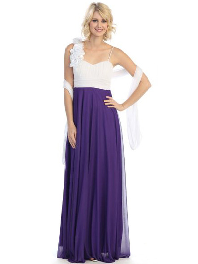 3784 Pleated Rosette Evening Dress - Purple White, Front View Medium