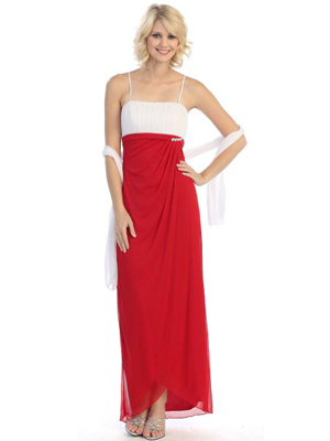 3785 Pleated Evening Dress with Dazzling Pin, Red White