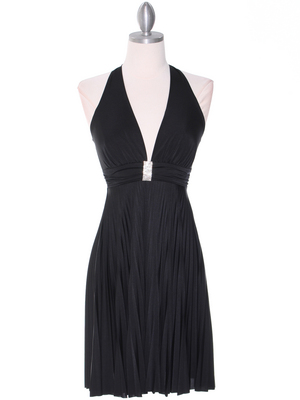 3929D Black Halter Pleated Dress with Rhinestone Buckle, Black