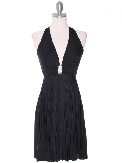 3929D Black Halter Pleated Dress with Rhinestone Buckle - Black, Front View Medium