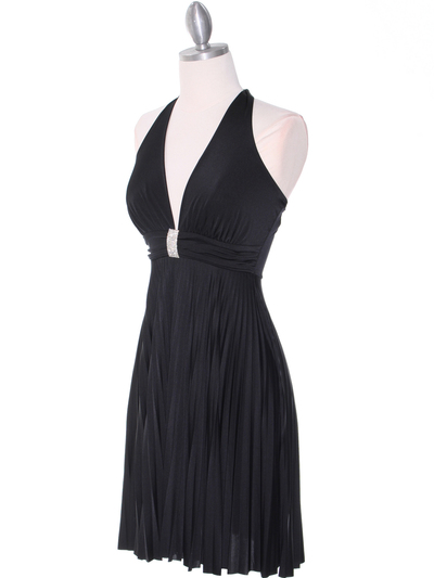 3929D Black Halter Pleated Dress with Rhinestone Buckle - Black, Alt View Medium