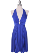 Blue Halter Pleated Dress with Rhinestone Buckle