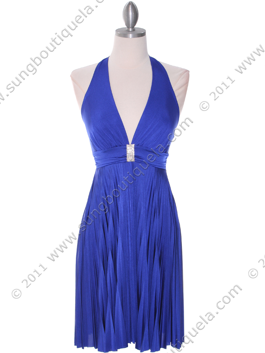 3929D Blue Halter Pleated Dress with Rhinestone Buckle - Front Image