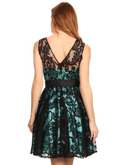 40-3076 Fit and Flare Lace Overlay Cocktail Dress - Black Mint, Back View Medium
