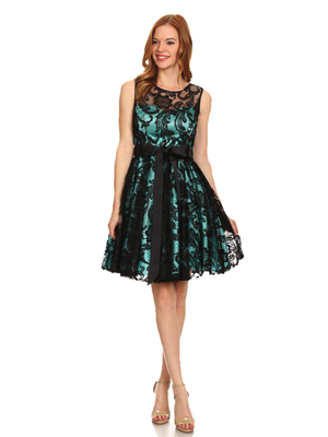 40-3076 Fit and Flare Lace Overlay Cocktail Dress, Black Mint