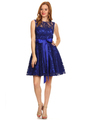40-3076 Fit and Flare Lace Overlay Cocktail Dress - Royal Blue, Front View Thumbnail