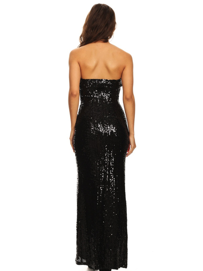 40-3121 Strapless Sequin Evening Dress with Slit - Black, Back View Medium