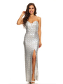 40-3121 Strapless Sequin Evening Dress with Slit - Silver, Front View Thumbnail