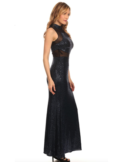 40-3180 Sequin Long Evening Dress - Black Royal, Back View Medium