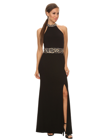 40-3189 High Neck Prom Evening Dress with Slit - Black, Front View Medium