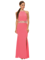 40-3189 High Neck Prom Evening Dress with Slit - Coral, Front View Thumbnail