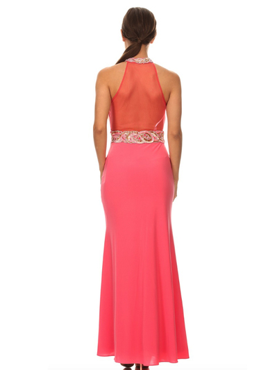 40-3189 High Neck Prom Evening Dress with Slit - Coral, Back View Medium