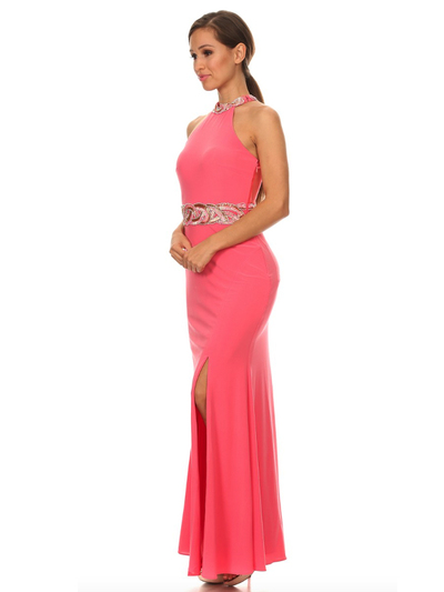 40-3189 High Neck Prom Evening Dress with Slit - Coral, Alt View Medium