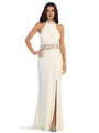 40-3189 High Neck Prom Evening Dress with Slit - Ivory, Front View Thumbnail