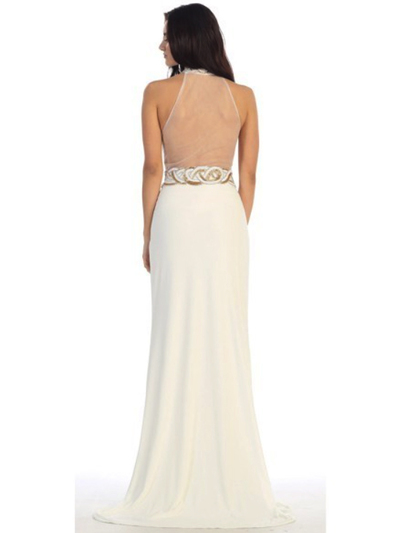 40-3189 High Neck Prom Evening Dress with Slit - Ivory, Back View Medium