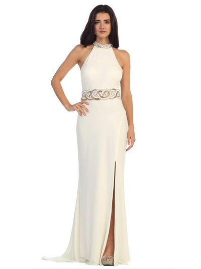 40-3189 High Neck Prom Evening Dress with Slit - Ivory, Front View Medium