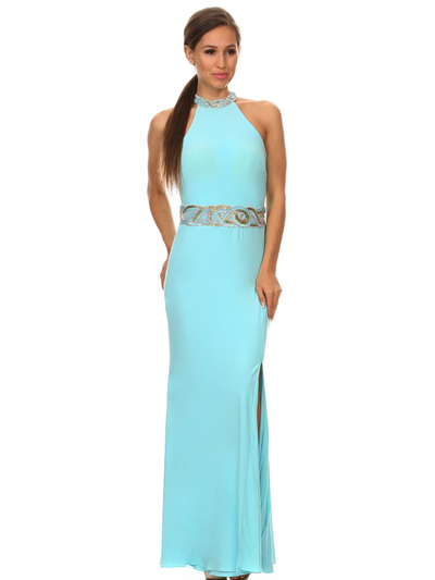 40-3189 High Neck Prom Evening Dress with Slit - Sky Blue, Front View Medium